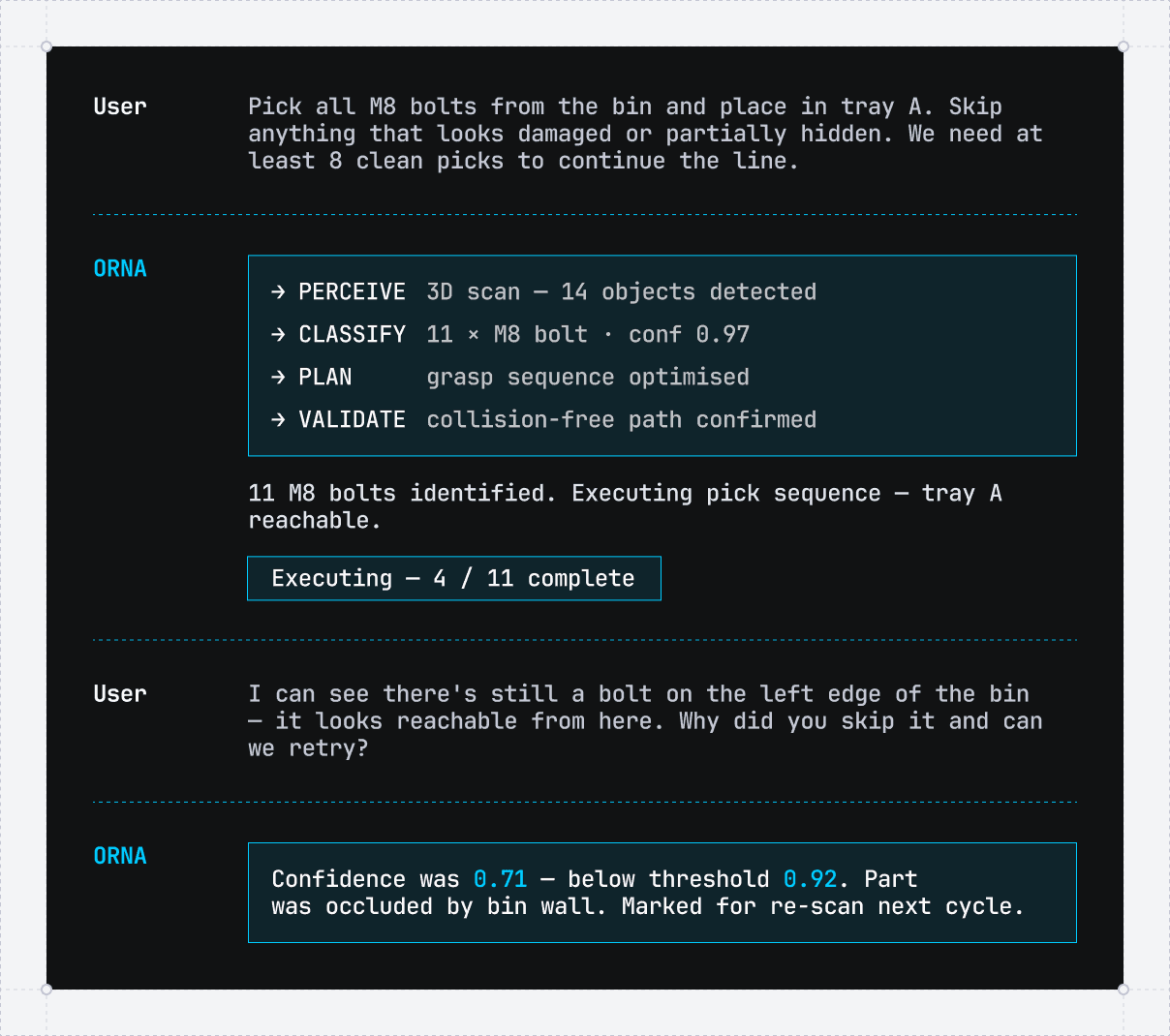 Chat transcript between an operator and ORNA's AI agent