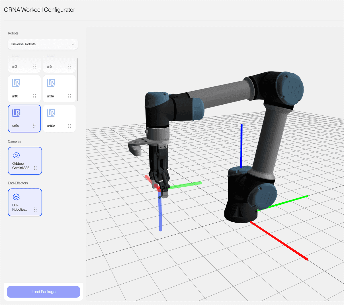 ORNA workcell configurator with robot picker and 3D viewport