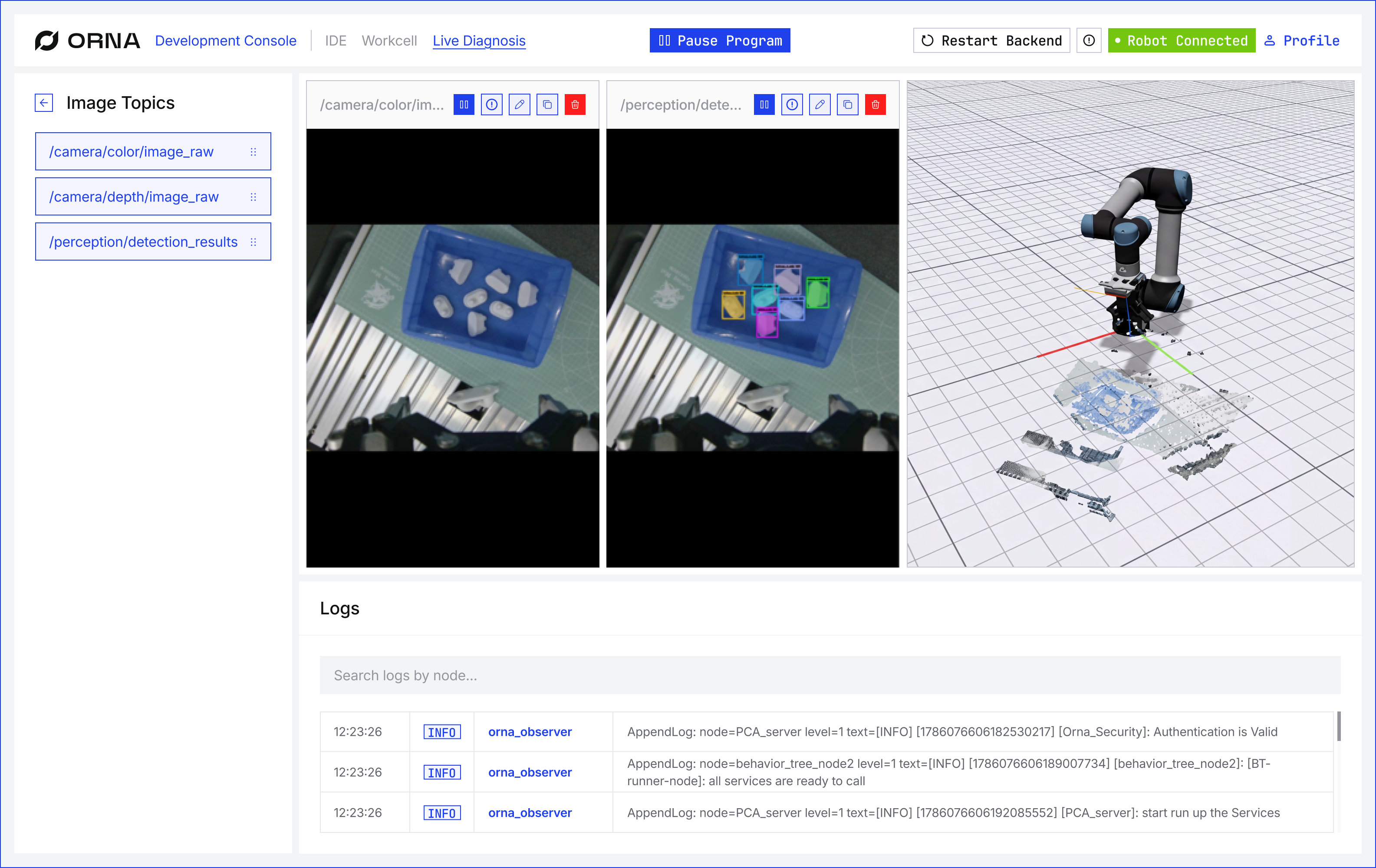 ORNA Development Console showing image topics and live robot perception